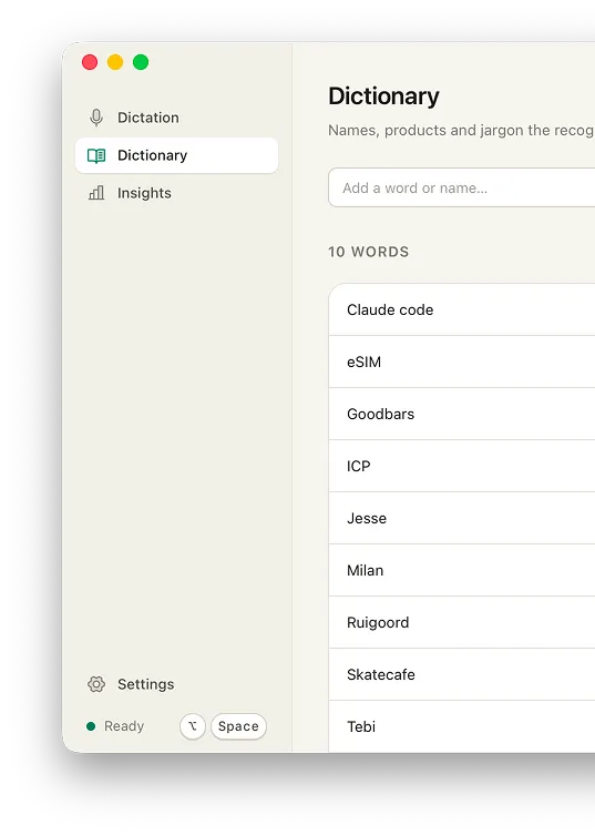 Mumbly's Dictionary window: ten saved words and names in a list, above the field for adding another.